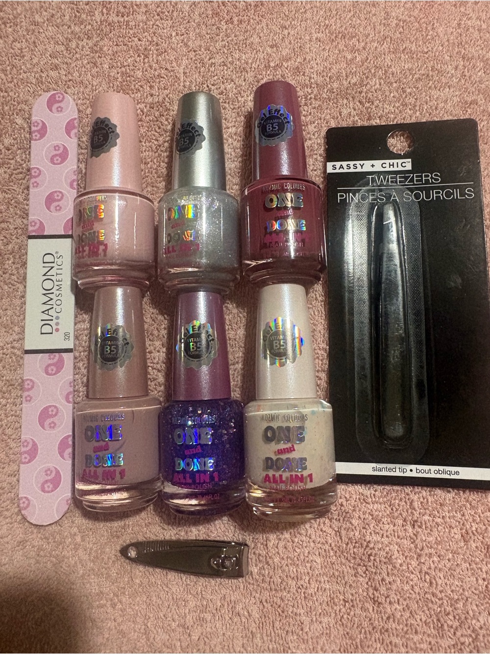 Diamond Cosmetics Pink & Purple Nail Polish Set with Black Sassy + Chic Tweezers